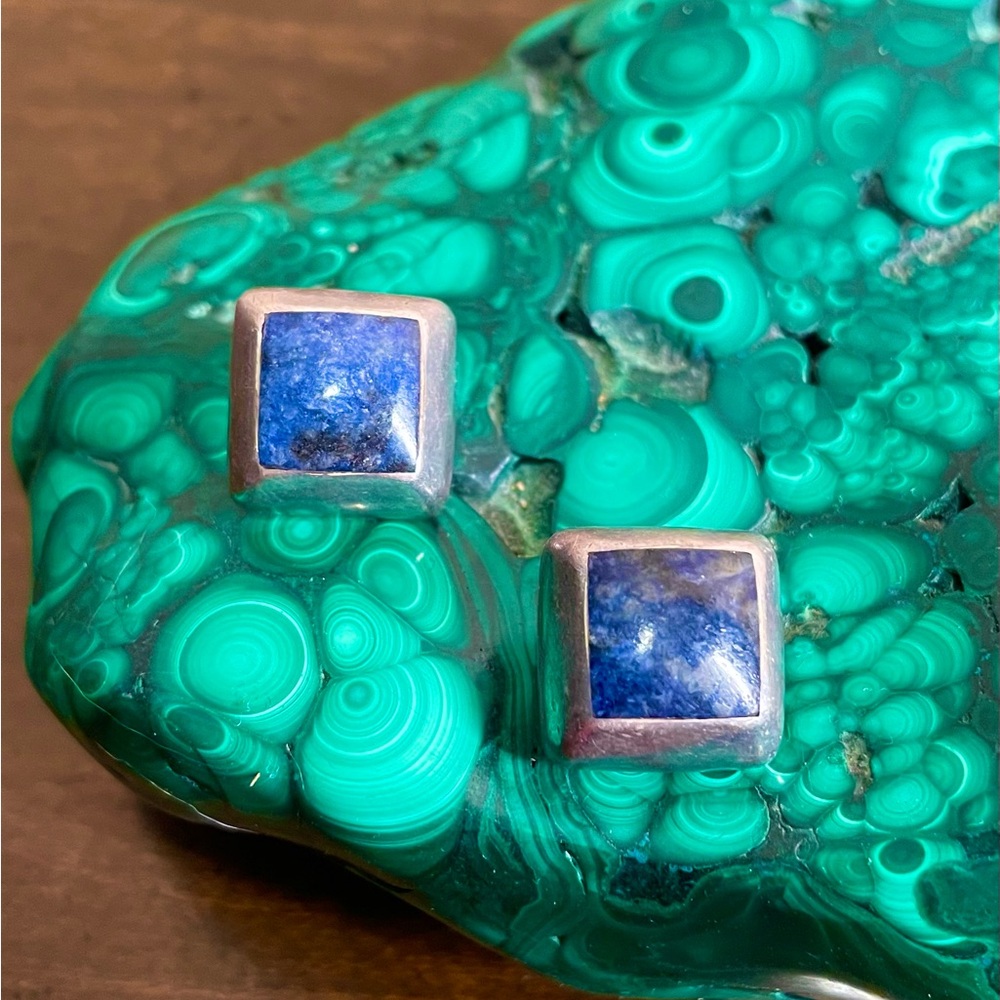Vintage TAXCO Chunky 925 Sterling Silver Lapis Lazuli Earrings